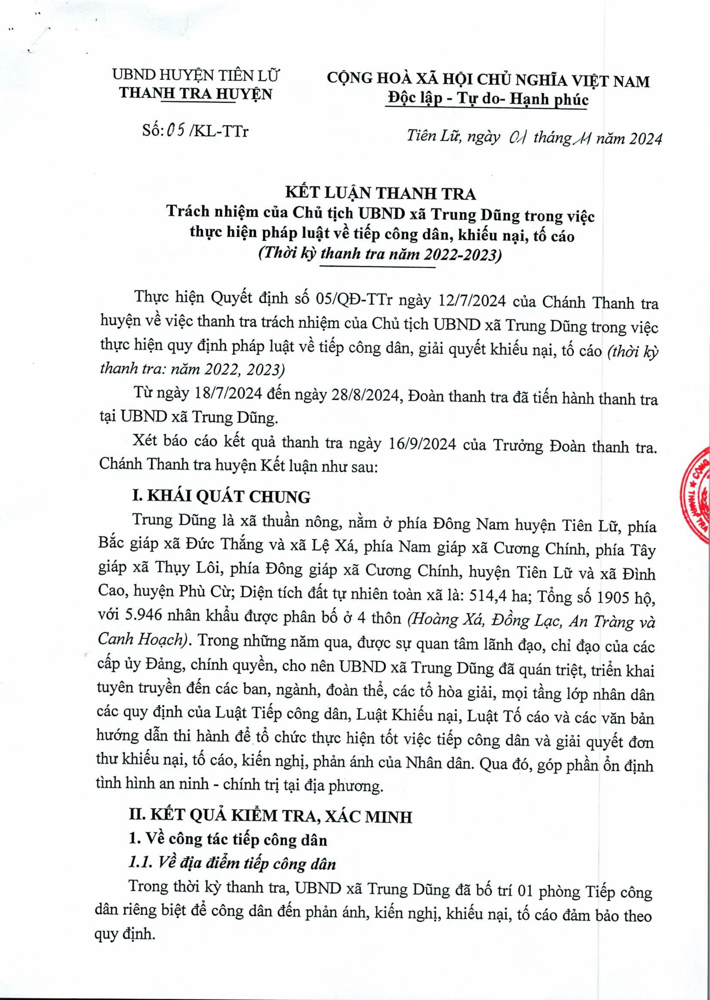   05/KL-TTr trách nhiệm của CTUBND xã Trung Dũng trong việc thực hiện pháp luật về TCDKNTC (thời kỳ thanh tra năm 2022-2023)