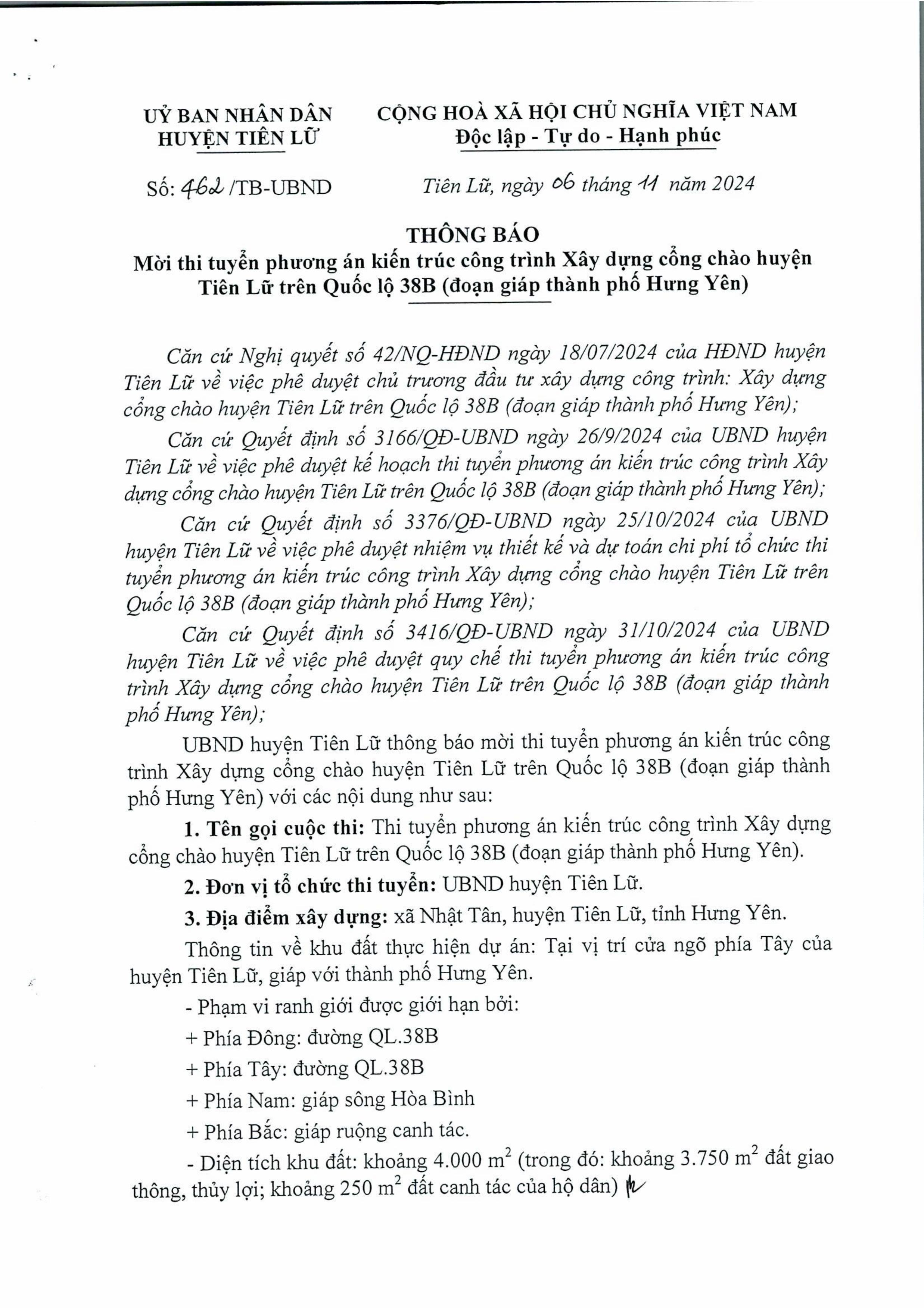   462/TB-UBND Mời thi tuyển phương án kiến trúc công trình Xây dựng cổng chào huyện Tiên Lữ trên Quốc lộ 38B (đoạn giáp TP Hưng Yên)