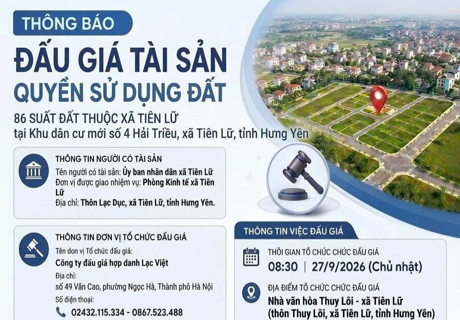 Thông báo của UBND xã Tiên Lữ Về việc tổ chức đấu giá quyền sử dụng đất cho nhân dân làm nhà ở tại khu dân cư mới số 4 Hải Triều