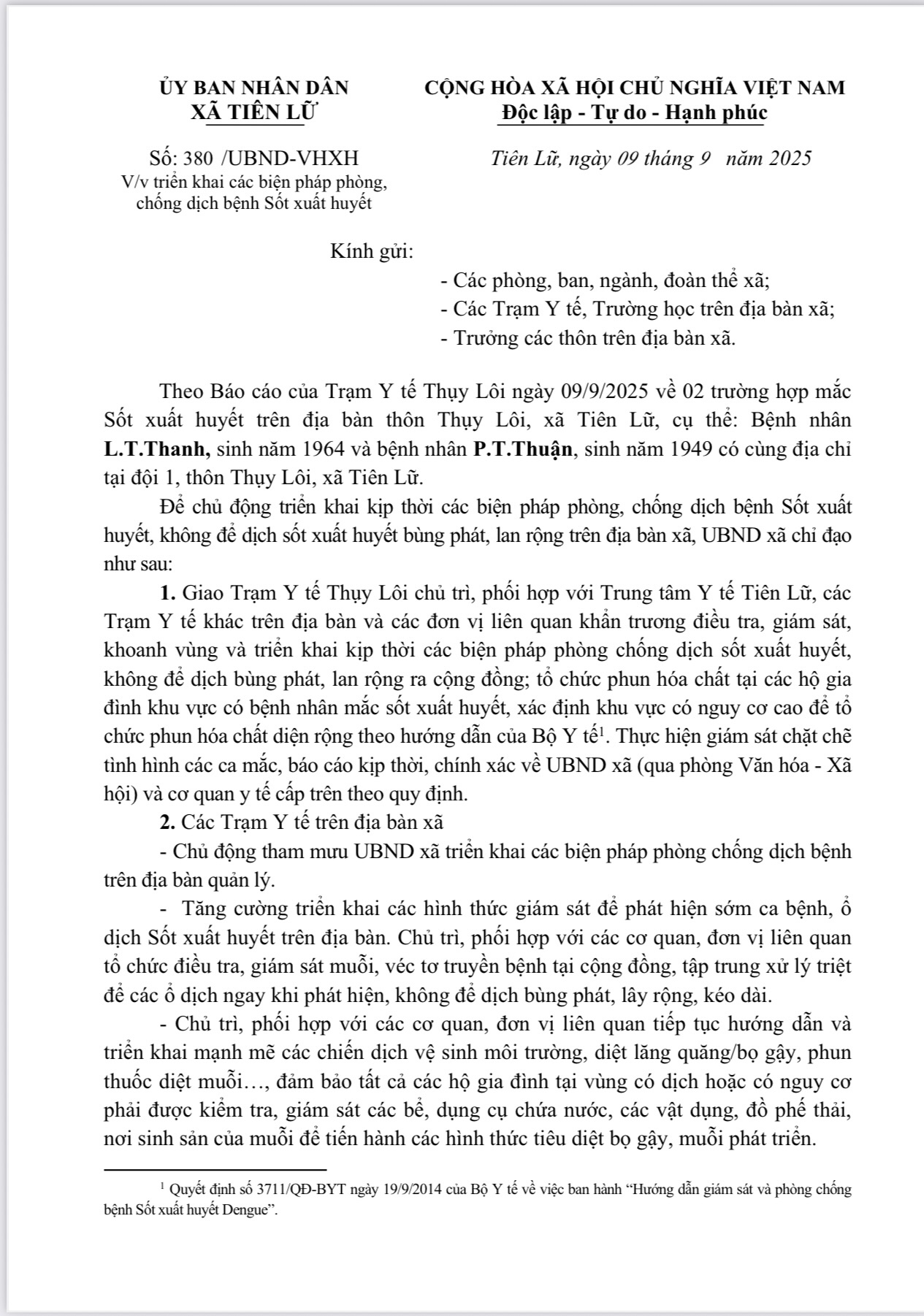 Thông báo phòng, chống dịch sốt xuất huyết tại xã Tiên Lữ.